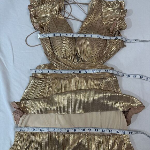 NWT‎ $498 IEENA Mac Duggal [ 4 ] 26740 Ruffle Tiered Lace Up Gown Gold - Picture 4 of 16